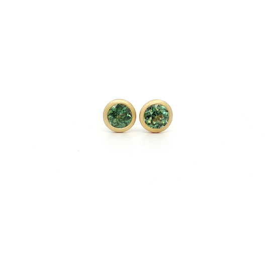 Green Sapphire Round Bezel Earring 0.89ct 18K Yellow Gold