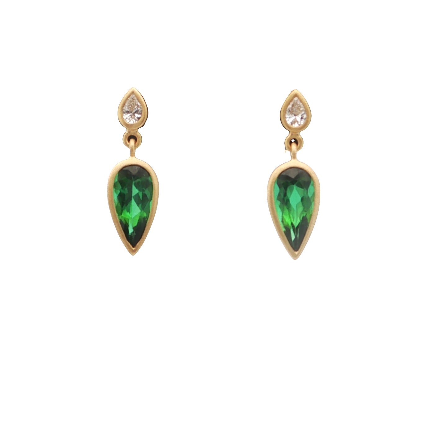 Green Tourmaline/Diamond Pear Shape Bezel Earring 1.29/0.14ct 18K Yellow Gold