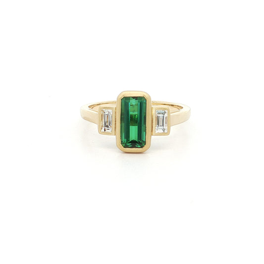 Green Tourmaline/Diamond Emerald Cut 3 Stone Ring 1.31/0.26ct 18K Yellow Gold Size 7
