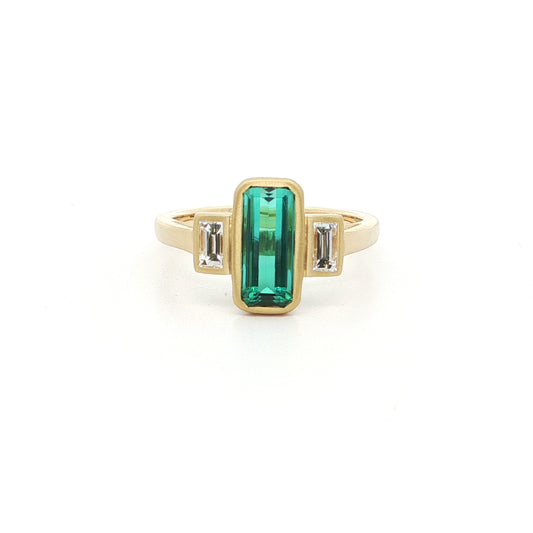 Tourmaline/Diamond Emerald Cut 3 Stone Ring 1.44/0.24ct 18K Yellow Gold Size 7