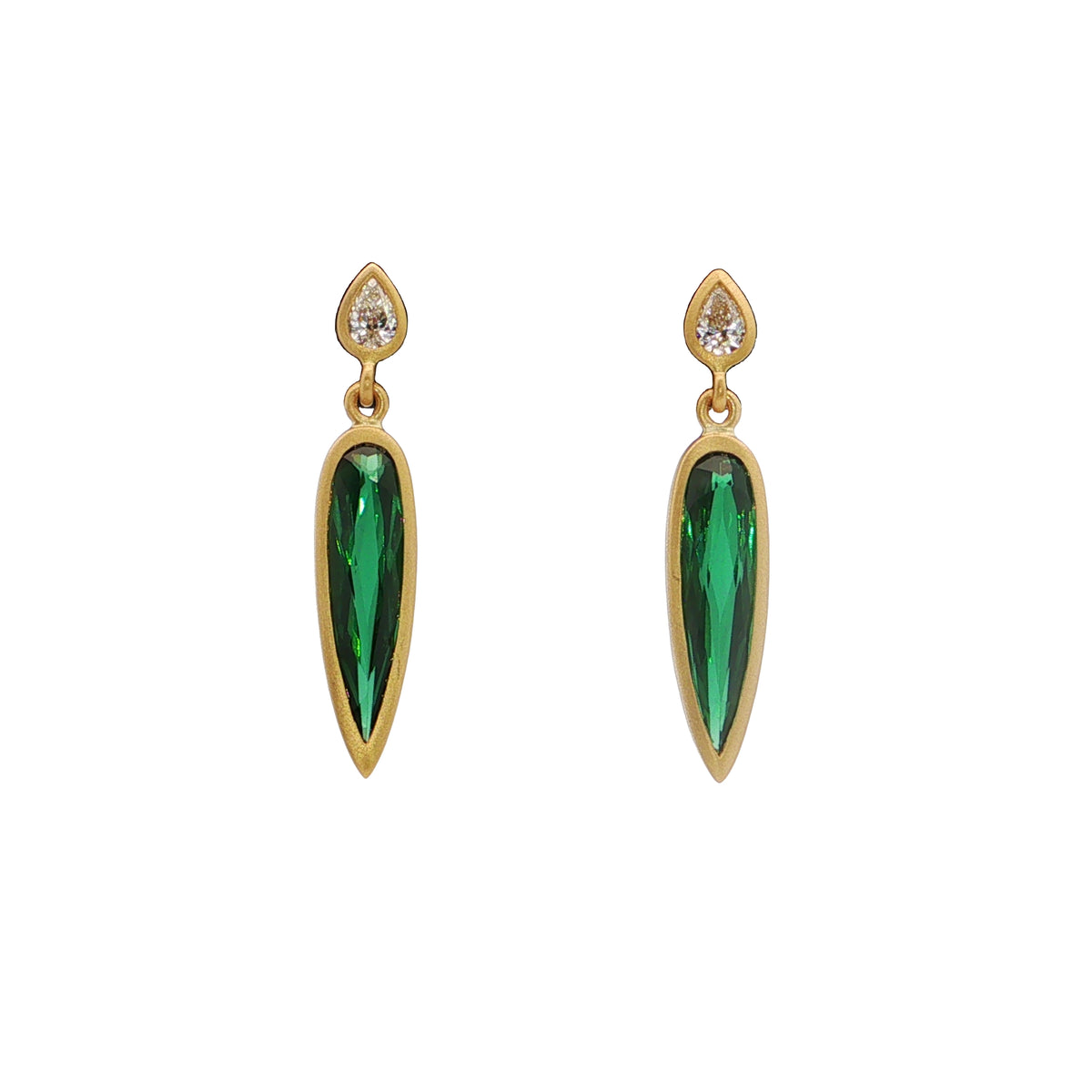 Green Tourmaline/Diamond Pear Shape Bezel Earring 1.58/0.13ct 18K Yellow Gold