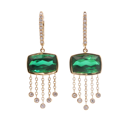 Green Tourmaline Cushion Bezel with Diamonds Earring 7.16/0.28ct 18K Yellow Gold