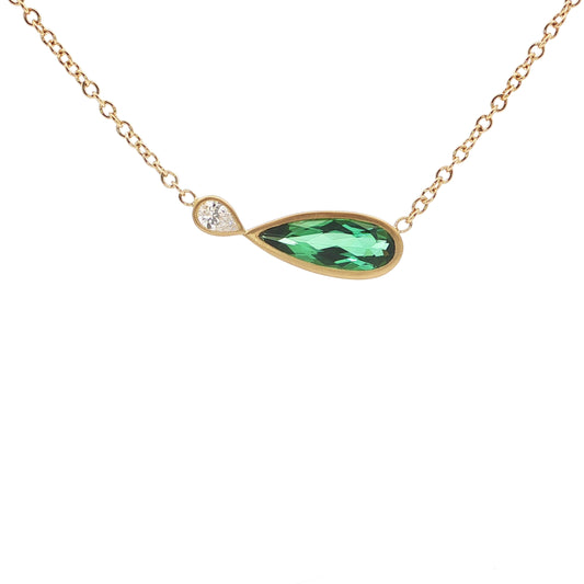 Green Tourmaline/Diamond Pear Shape 2 Stone Necklace 1.06/0.11ct 18K Yellow Gold
