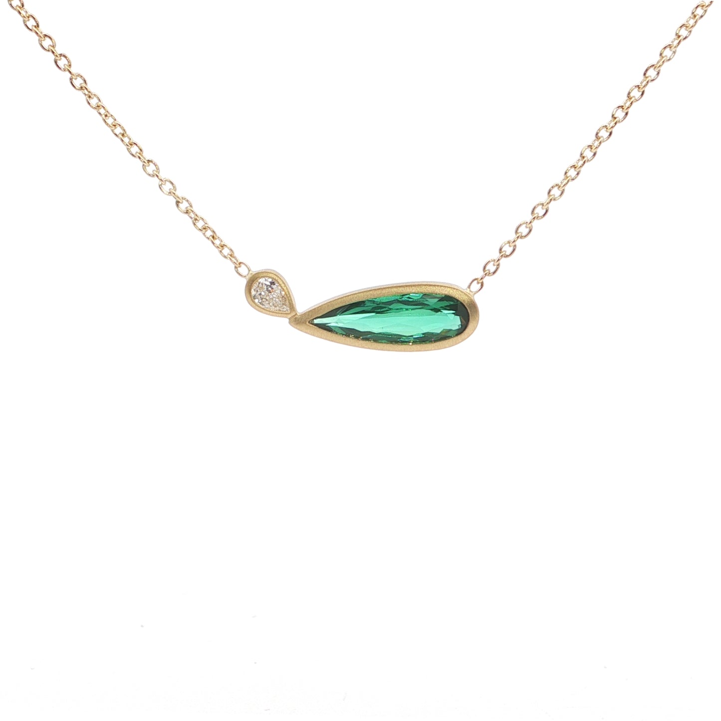 Green Tourmaline/Diamond Pear Shape 2 Stone Necklace 0.72/0.08ct 18K Yellow Gold