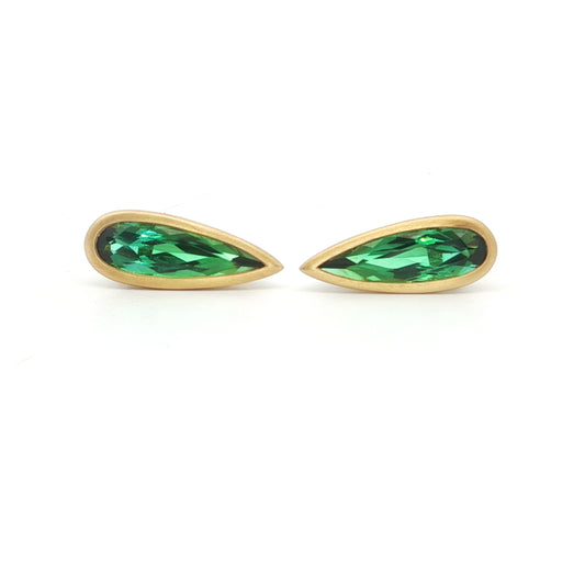 Green Tourmaline Pear Shape Bezel Earring 2.16ct 18K Yellow Gold