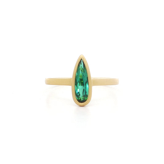 Green Tourmaline Pear Shape Bezel Ring 0.63ct 18K Yellow Gold Size 7