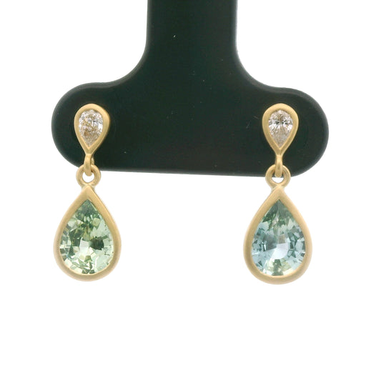 Mint Sapphire/Diamond Pear Shape Bezel Earring 1.35/0.15ct 18K Yellow Gold