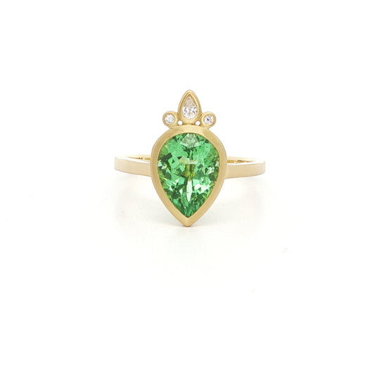 Mint Tourmaline Pear Shape Bezel with Diamonds Ring 2.50/0.06ct 18K Yellow Gold Size 7
