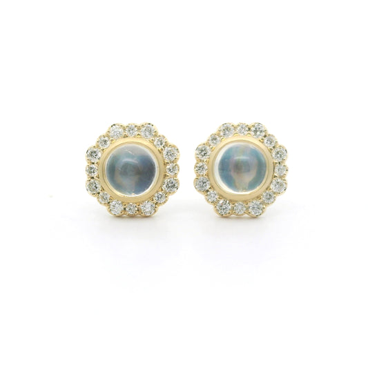 Moonstone Round Halo Earring 1.24/0.28ct 18K Yellow Gold
