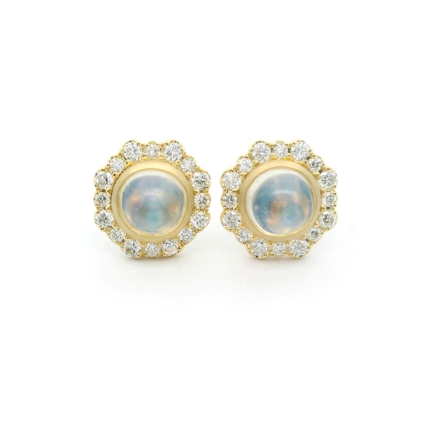 Moonstone Round Halo Earring 1.29/0.10ct 18K Yellow Gold