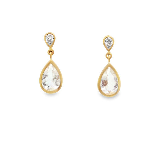 Moonstone/Diamond Pear Shape Bezel Earring 1.49/0.15ct 18K Yellow Gold