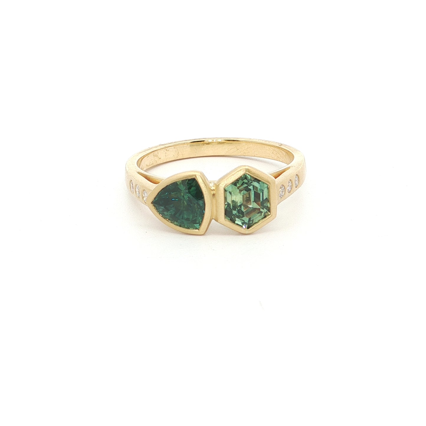 Montana Sapphire Hexagon/Trillion 2 Stone Ring 1.80/0.08ct 18K Yellow Gold Size 7