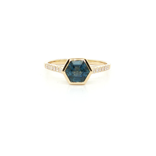 Montana Sapphire Hexagon Skinny Stack Ring 1.30/0.12ct 18K Yellow Gold Size 7