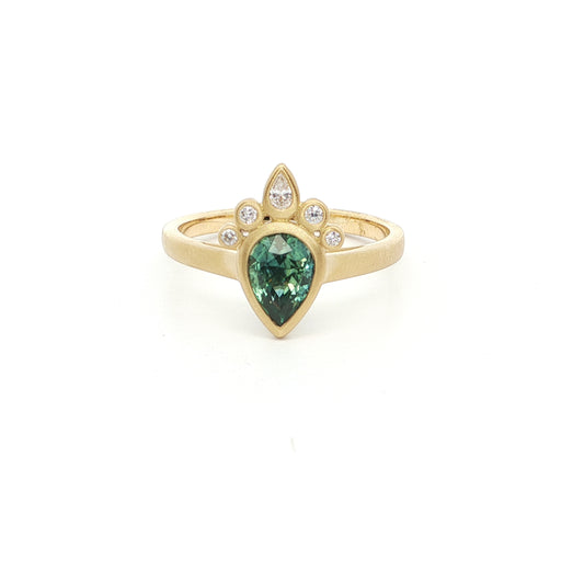 Montana Sapphire Pear Shape Bezel with Diamonds Ring 1.06/0.10ct 18K Yellow Gold Size 7