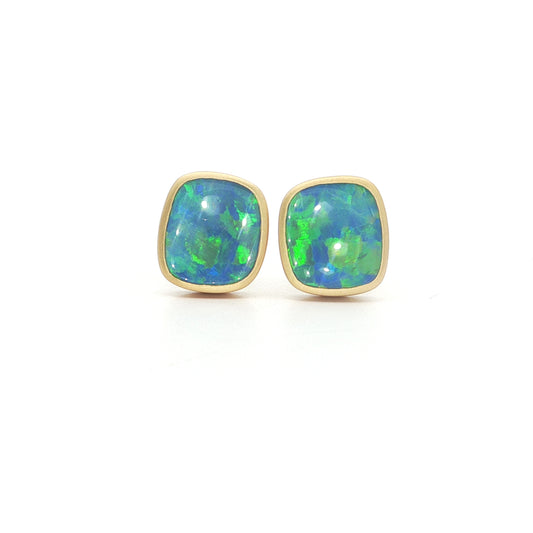 Opal Cushion Bezel Earring 3.54ct 18K Yellow Gold