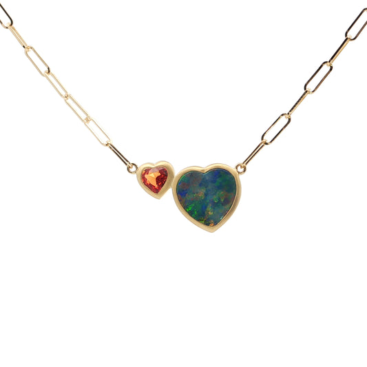 Opal/Orange Sapphire Heart 2 Stone Necklace 0.00/2.40ct 18K Yellow Gold