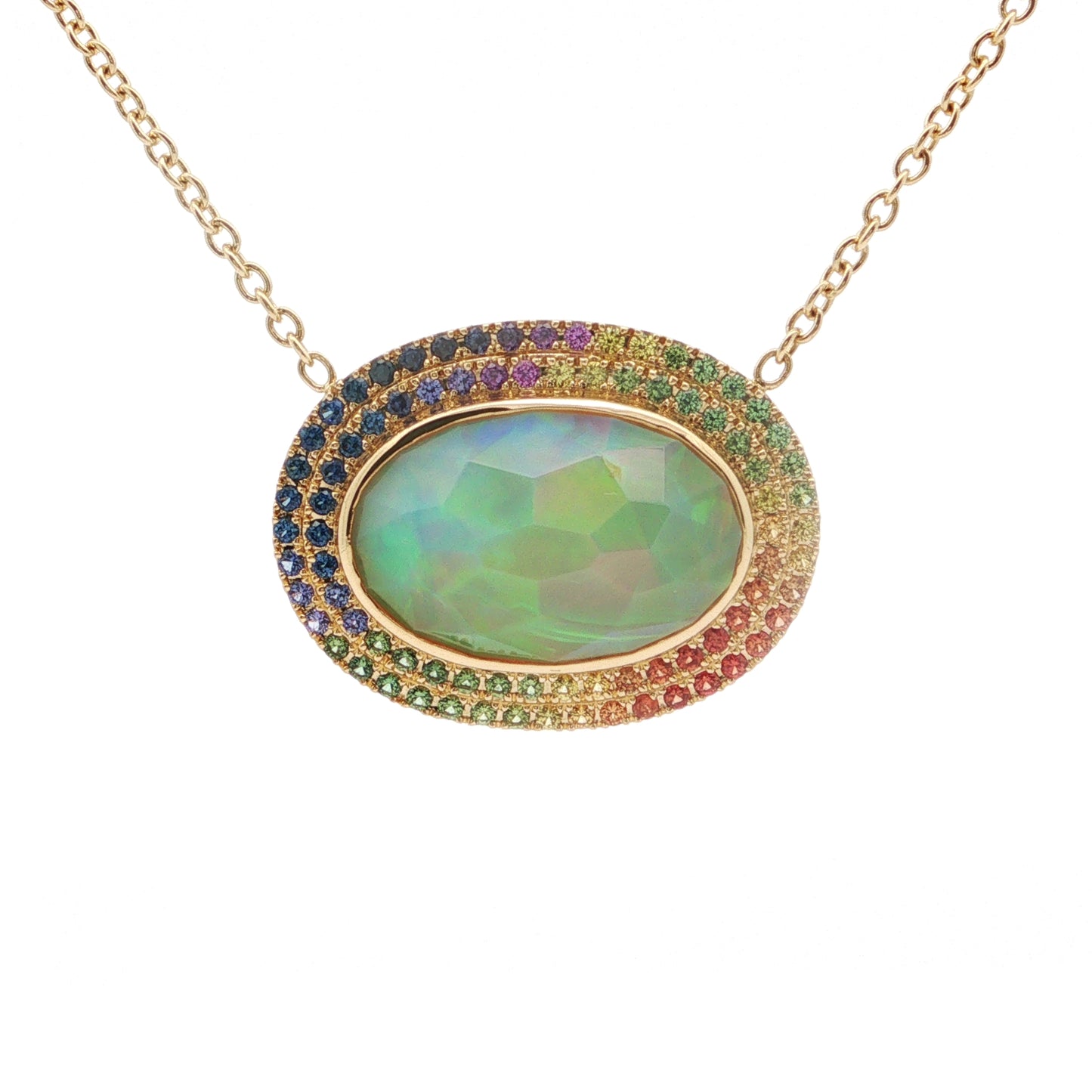Opal/Rainbow Sapphire Oval Double Halo Necklace 5.70/0.75ct 18K Yellow Gold