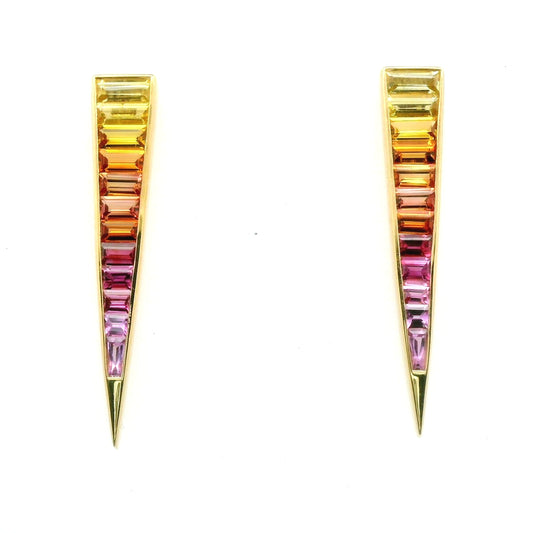 Yellow Sapphire/Orange Sapphire/Pink Sapphire Fancy Cut Ombré Bezel Earring ~3.00ct 18K Yellow Gold