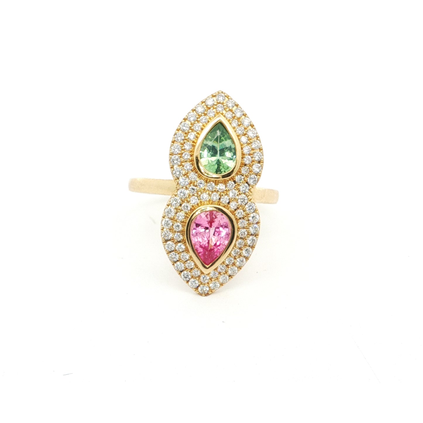Pink Sapphire/Green Sapphire Pear Shape 2 Stone Ring 0.75/0.56/0.50ct 18K Yellow Gold Size 6.5