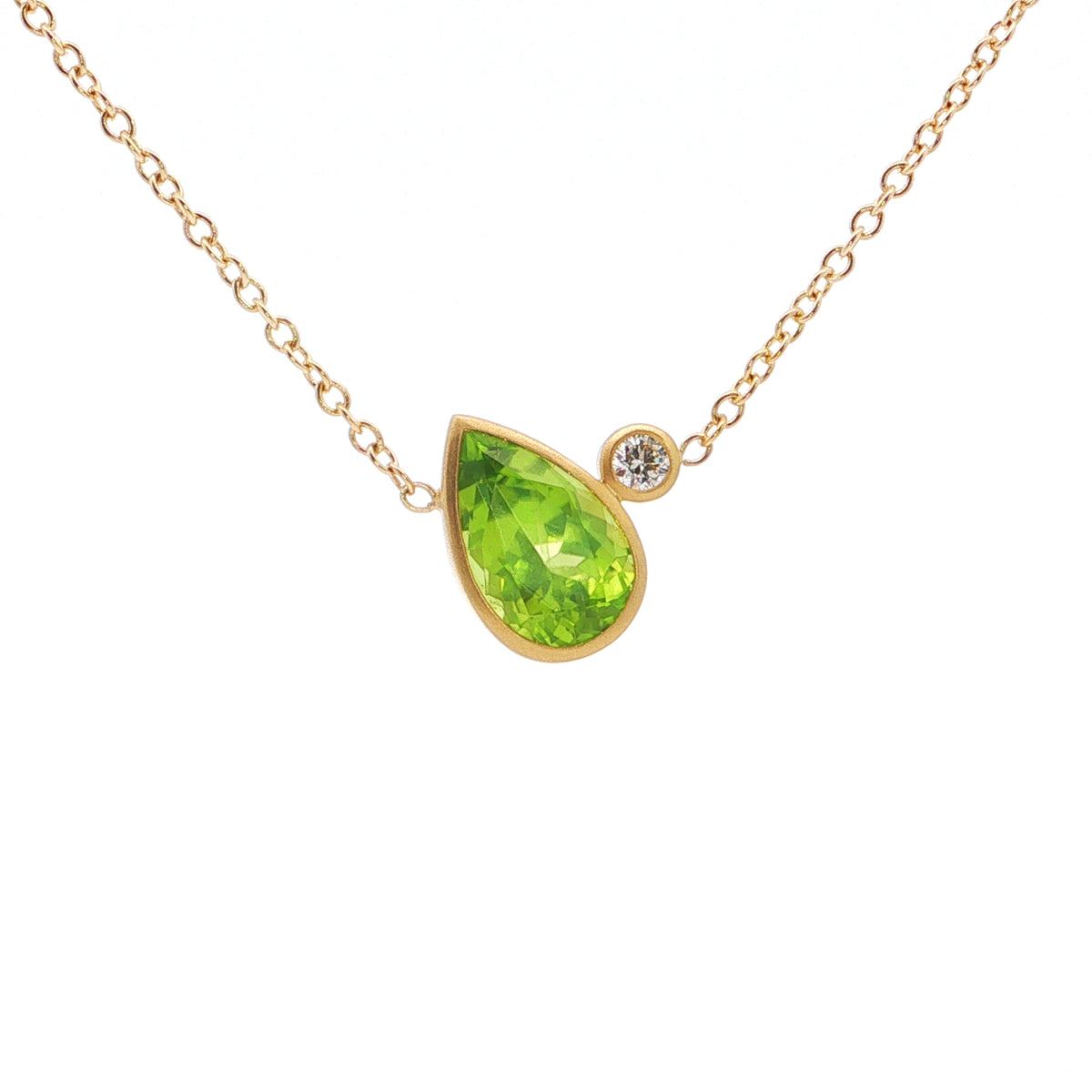 Peridot/Diamond Pear Shape 2 Stone Necklace 2.42/0.08ct 18K Yellow Gold
