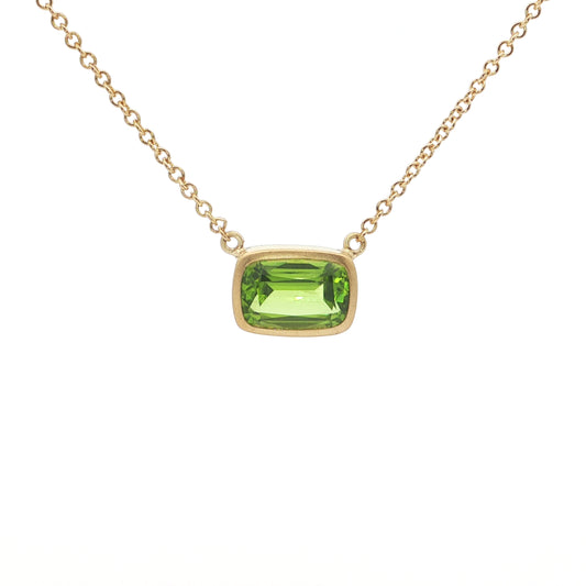 Peridot Cushion Bezel Necklace 2.75ct 18K Yellow Gold