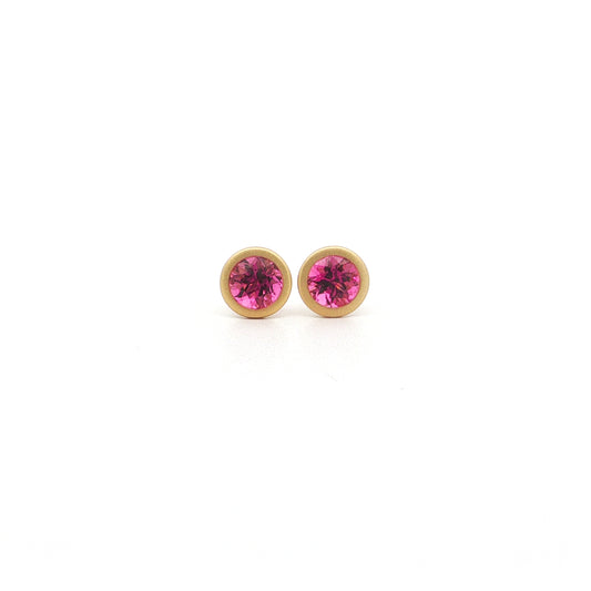 Pink Tourmaline Round Bezel Earring 1.02ct 18K Yellow Gold