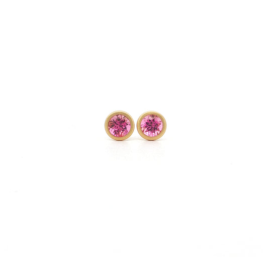 Pink Tourmaline Round Bezel Earring 1.15ct 18K Yellow Gold