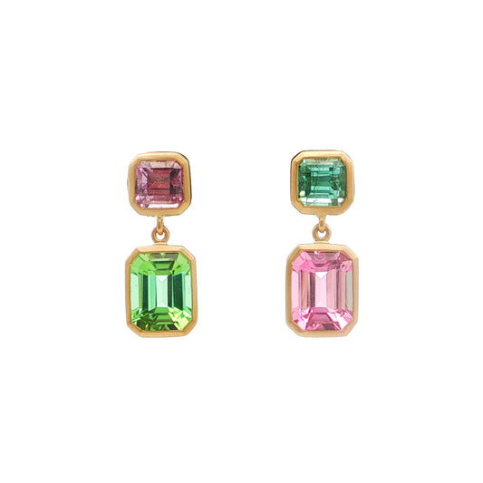 Pink Tourmaline/Green Tourmaline Emerald Cut Bezel Earring 5.02ct 18K Yellow Gold