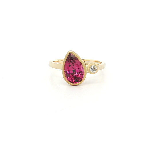 Rhodolite Garnet/Diamond Pear Shape 2 Stone Ring 2.30/0.08ct 18K Yellow Gold Size 7