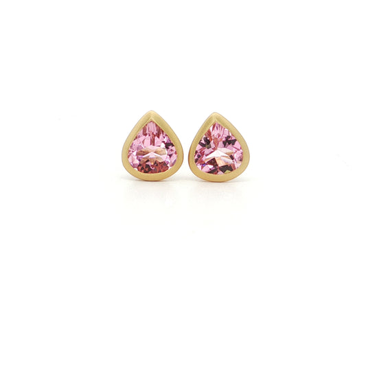 Pink Tourmaline Pear Shape Bezel Earring 1.42ct 18K Yellow Gold