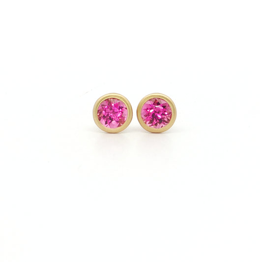Pink Tourmaline Round Bezel Earring 1.04ct 18K Yellow Gold