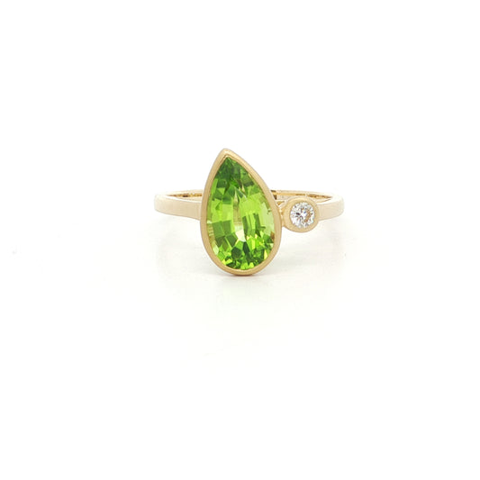 Peridot/Diamond Pear Shape 2 Stone Ring 2.14/0.08ct 18K Yellow Gold Size 7