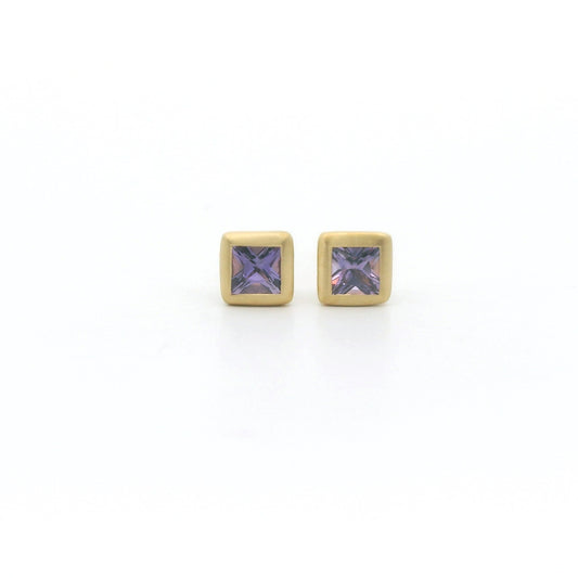 Purple Sapphire Asscher Bezel Earring 0.34ct 18K Yellow Gold