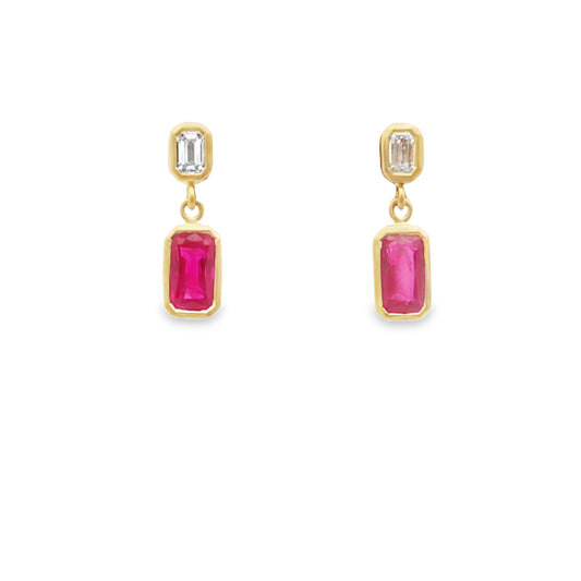 Ruby/Diamond Emerald Cut Bezel Earring 1.37/0.25ct 18K Yellow Gold