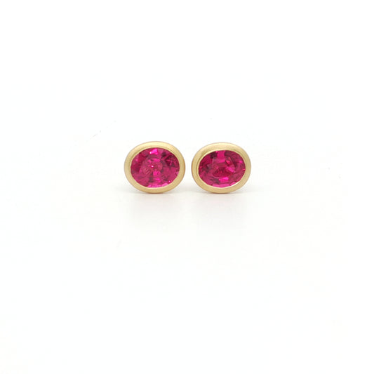 Burmese Ruby Oval Bezel Earring 1.38ct 18K Yellow Gold