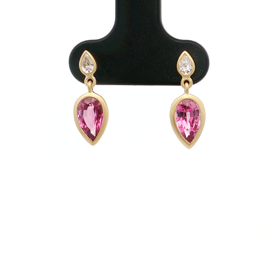 Rhodolite Garnet/Diamond Pear Shape Bezel Earring 2.10/0.17ct 18K Yellow Gold