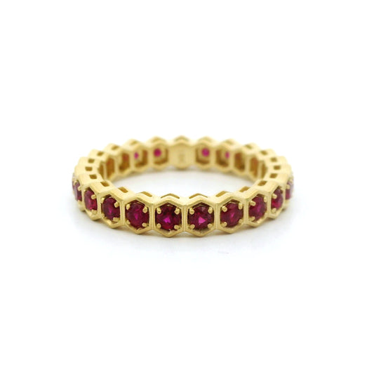 Ruby Round Eternity Band Hexagon Ring 1.20ct 18K Yellow Gold Size 7