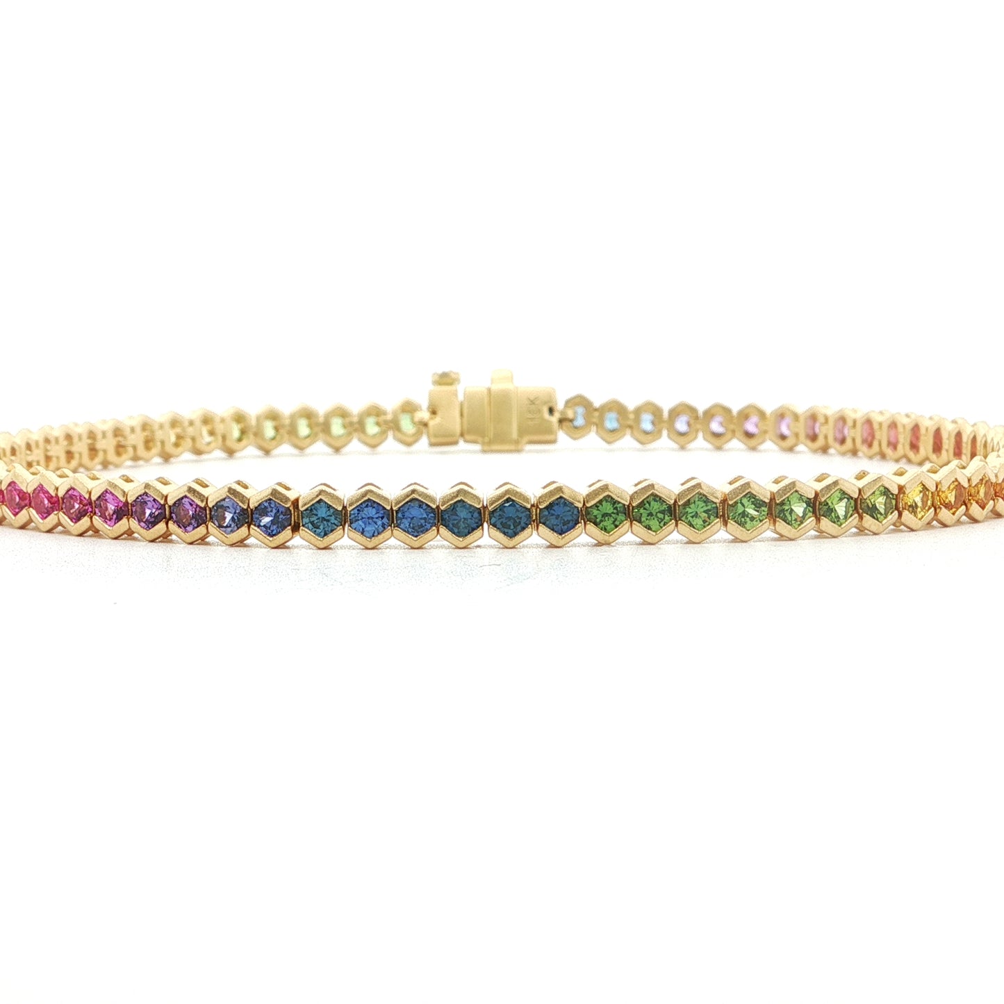 Rainbow Round Tennis Hexagon Bracelet ~3.40ct 18K Yellow Gold 7"