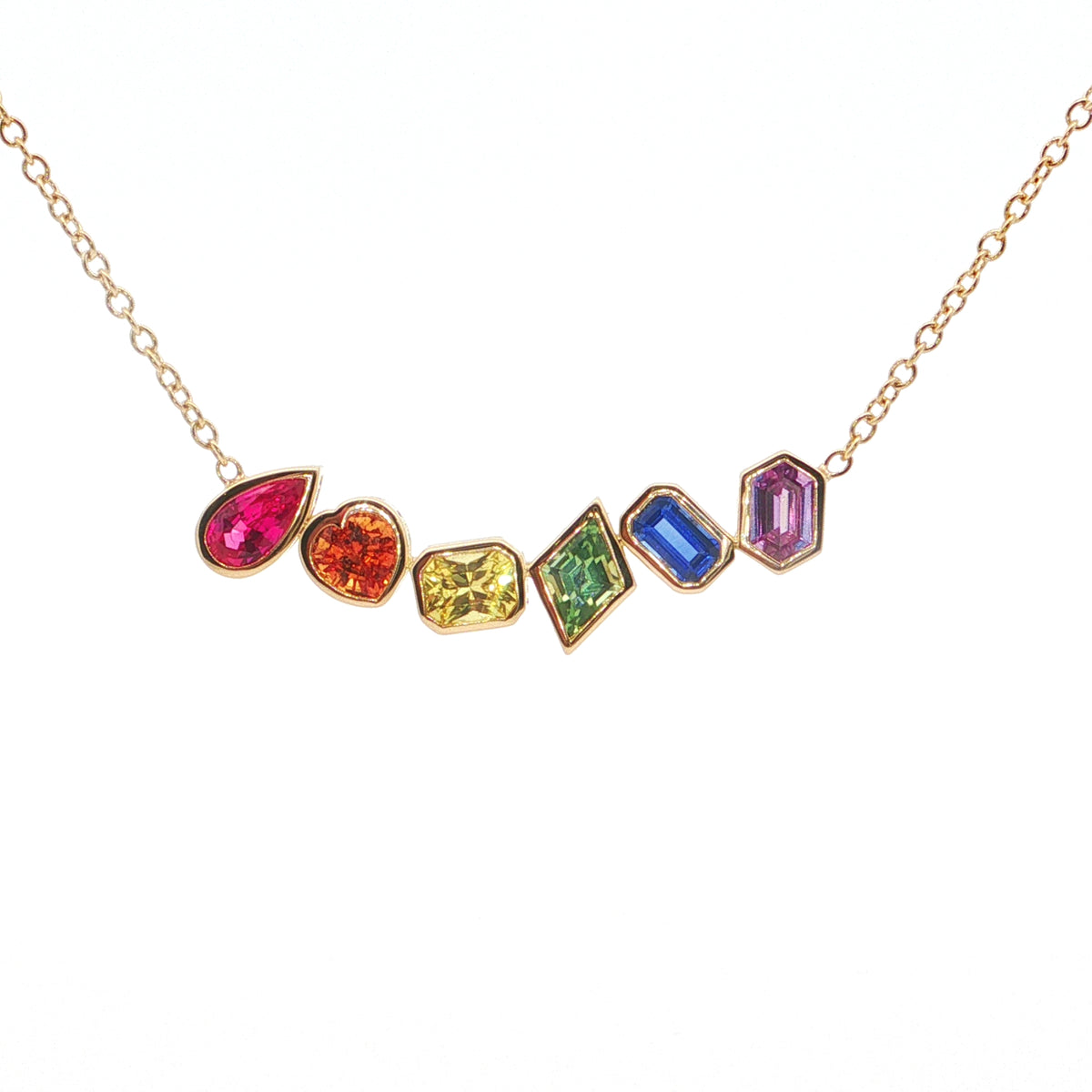 Rainbow Mixed Shapes Bezel Necklace 2.25ct 18K Yellow Gold