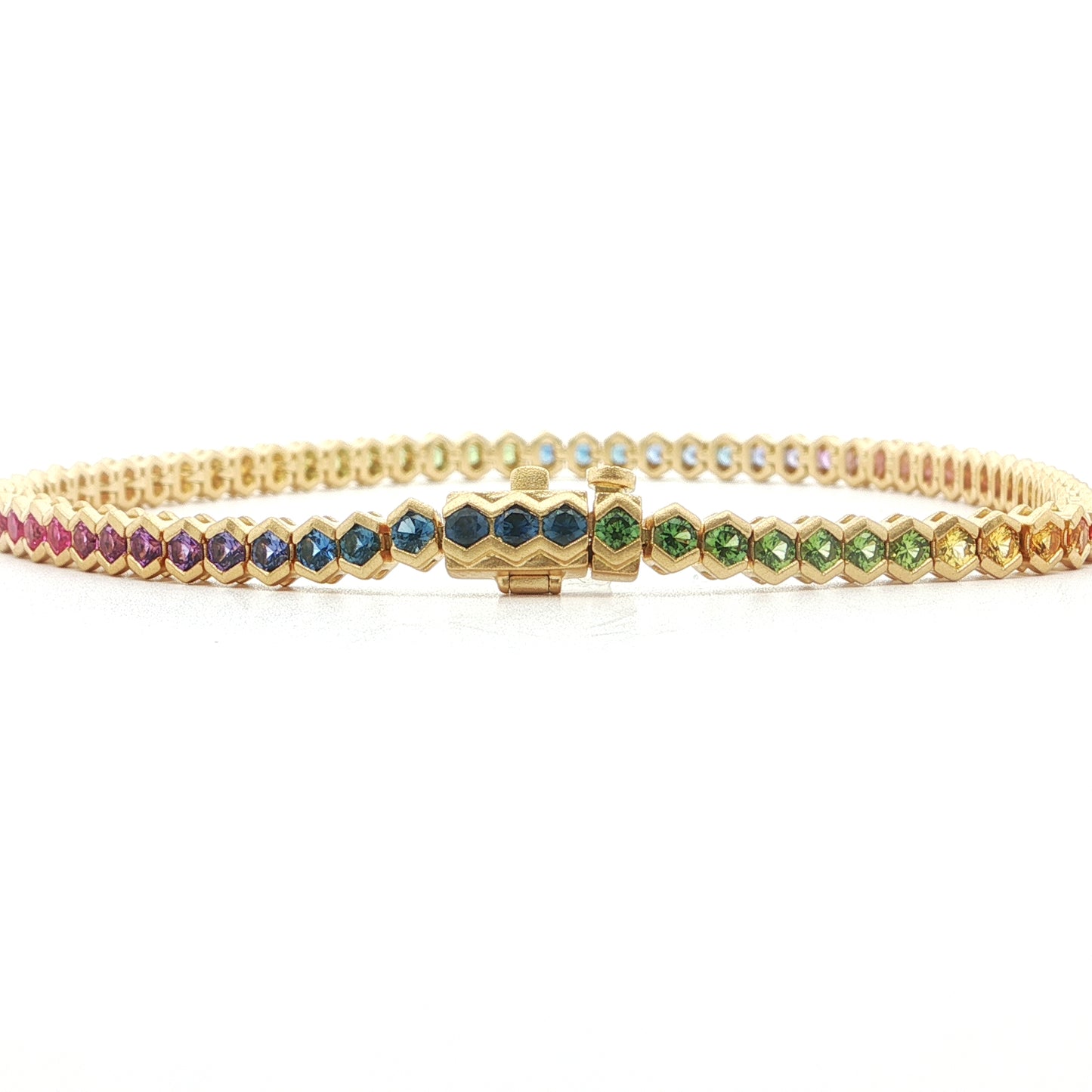 Rainbow Round Tennis Hexagon Bracelet ~3.40ct 18K Yellow Gold 7"
