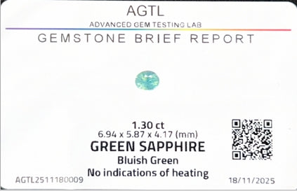 Madagascar Green Sapphire Oval AGTL Certified 1.30ct (N) 6.94x5.87mm