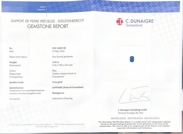 Madagascar Blue Sapphire Cushion CD Certified 3.05ct (H) 9.69x7.05mm