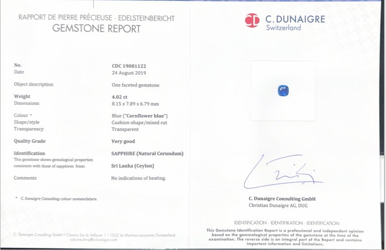 Sri Lankan Blue Sapphire Cushion CD Certified 4.02ct (N) 8.15x7.89mm