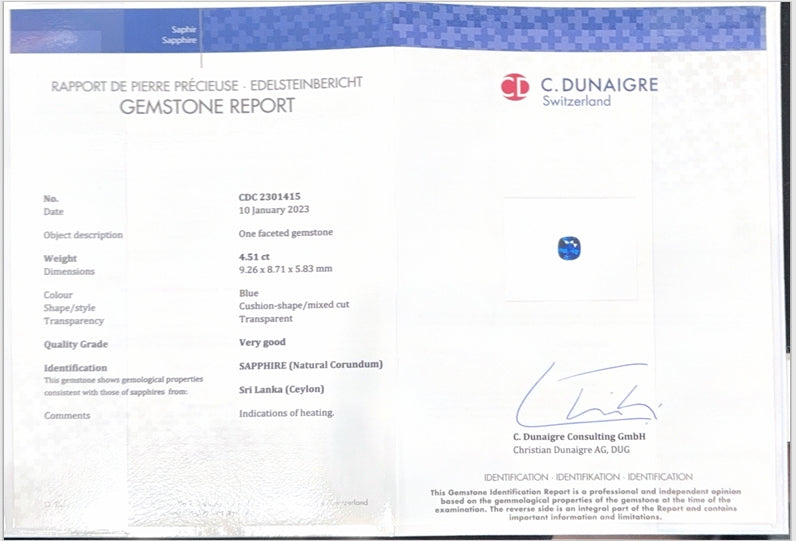 Sri Lankan Blue Sapphire Cushion CD Certified 4.51ct (H) 9.26x8.71mm