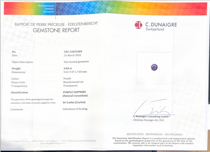 Sri Lankan Purple Sapphire Round CD Certified 5.04ct (H) 9.47mm