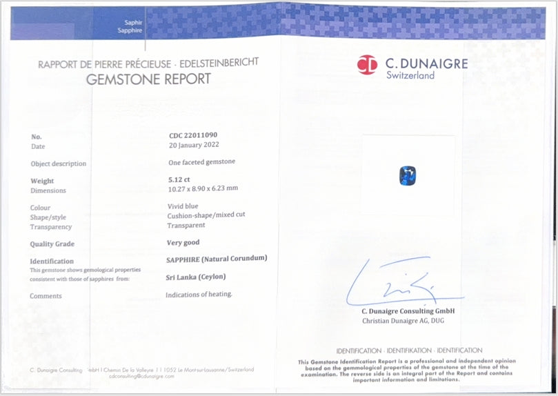 Sri Lankan Blue Sapphire Cushion CD Certified 5.12ct (H) 10.27x8.9mm