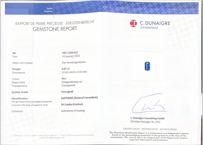 Sri Lankan Blue Sapphire Emerald Cut CD Certified 6.07ct (H) 12.65x8.23mm
