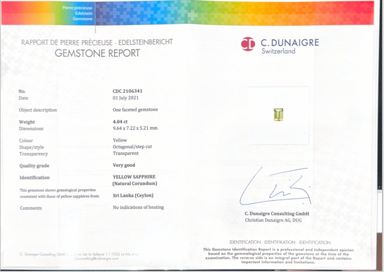 Sri Lankan Yellow Sapphire Baguette CD Certified 4.04ct (N) 9.64x7.22mm