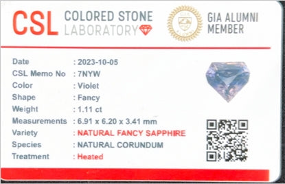 Sri Lankan Purple Sapphire Fancy Cut CSL Certified 1.11ct (H) 6.91x6.2mm Certified