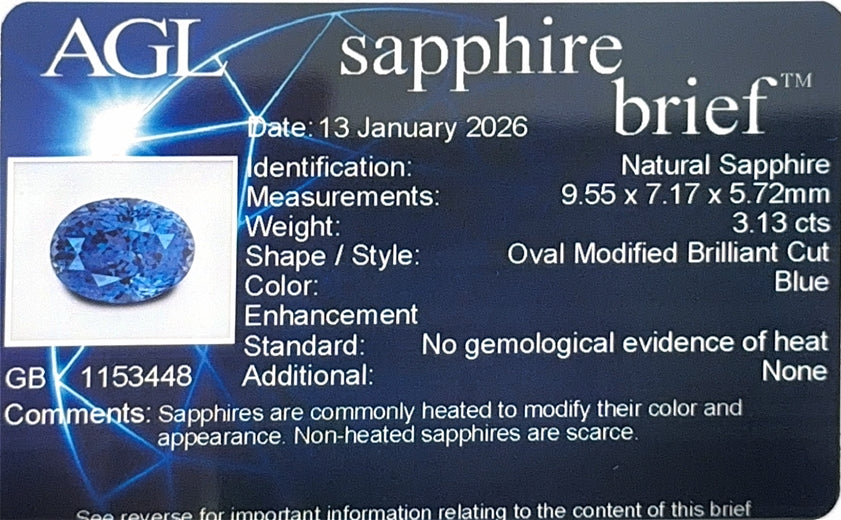 Sri Lankan Blue Sapphire Oval AGL Certified 3.13ct (N) 9.55x7.17mm 2800pct